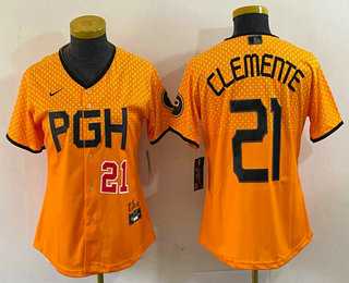 Womens Pittsburgh Pirates #21 Roberto Clemente Number Yellow 2023 City Connect Stitched Jersey1